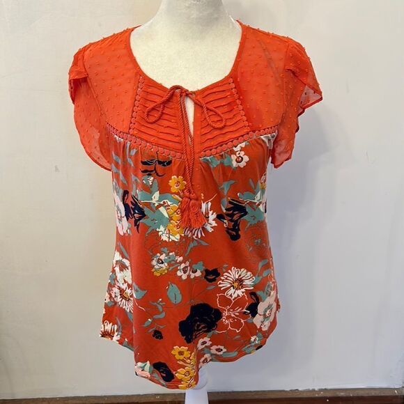 daniel rainn orange floral cap sleeve tie front blouse Size PXS NWOT - Picture 1 of 9